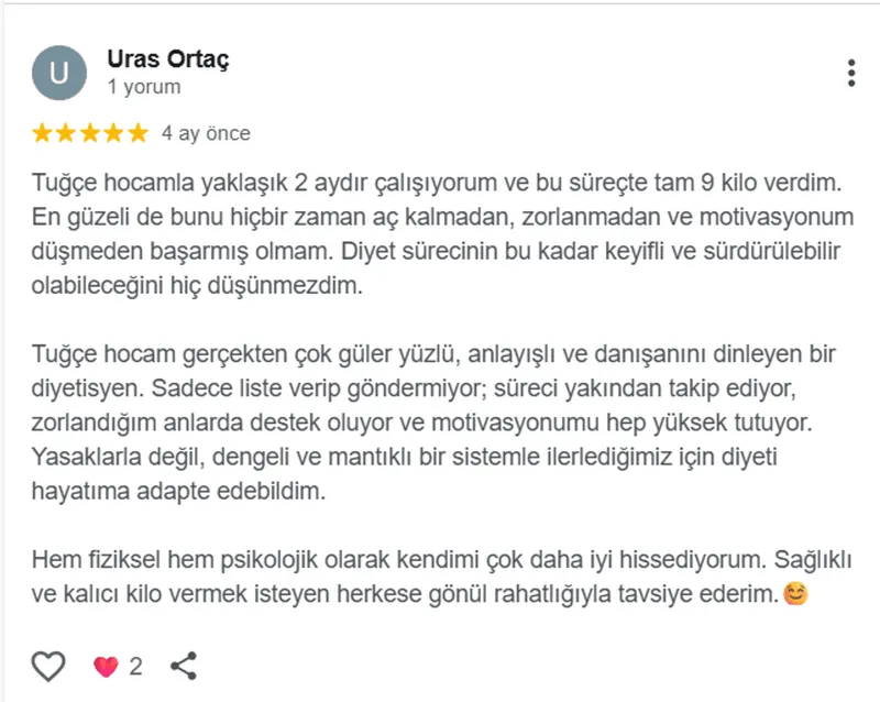 Uras Ortaç, Google yorumu (5 yıldız): Tuğçe hocamla yaklaşık 2 aydır çalışıyorum ve bu süreçte tam 9 kilo verdim. En güzeli de bunu hiçbir zaman aç kalmadan, zorlanmadan ve motivasyonum düşmeden başarmış olmam. Diyet sürecinin bu kadar keyifli ve sürdürülebilir olabileceğini hiç düşünmezdim.

Tuğçe hocam gerçekten çok güler yüzlü, anlayışlı ve danışanını dinleyen bir diyetisyen. Sadece liste verip göndermiyor; süreci yakından takip ediyor, zorlandığım anlarda destek oluyor ve motivasyonumu hep yüksek tutuyor. Yasaklarla değil, dengeli ve mantıklı bir sistemle ilerlediğimiz için diyeti hayatıma adapte edebildim.

Hem fiziksel hem psikolojik olarak kendimi çok daha iyi hissediyorum. Sağlıklı ve kalıcı kilo vermek isteyen herkese gönül rahatlığıyla tavsiye ederim. 😇