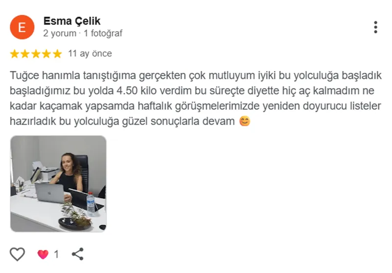 Esma Çelik, Google yorumu (5 yıldız): Tuğce hanımla tanıştığıma gerçekten çok mutluyum iyiki bu yolculuğa başladık başladığımız bu yolda 4.50 kilo verdim bu süreçte diyette hiç aç kalmadım ne kadar kaçamak yapsamda haftalık görüşmelerimizde yeniden doyurucu listeler hazırladık bu yolculuğa güzel sonuçlarla devam